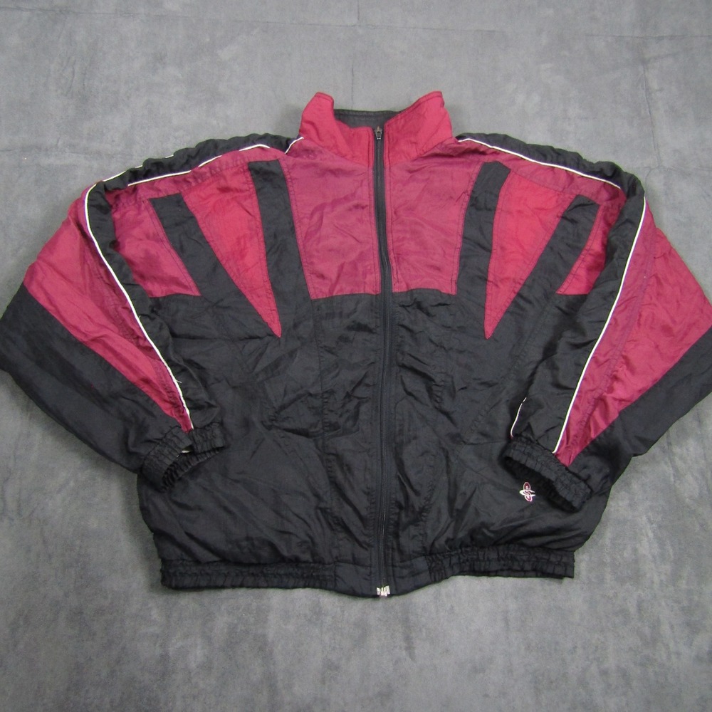Vintage Windbreaker Jacket Mens Large Black Burgundy Colorblock Full Zip Retro